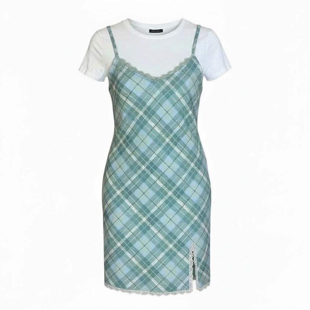 Sweet Society Plaid Short Sleeve 100% Cotton Twofer Dress Green White Size 1